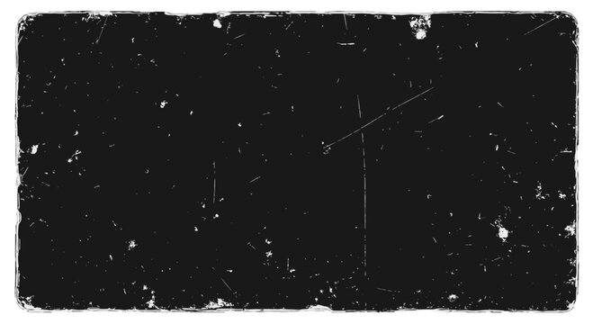 A grunge texture with scratches and splatters covers a black background in a rectangular shape with a white border