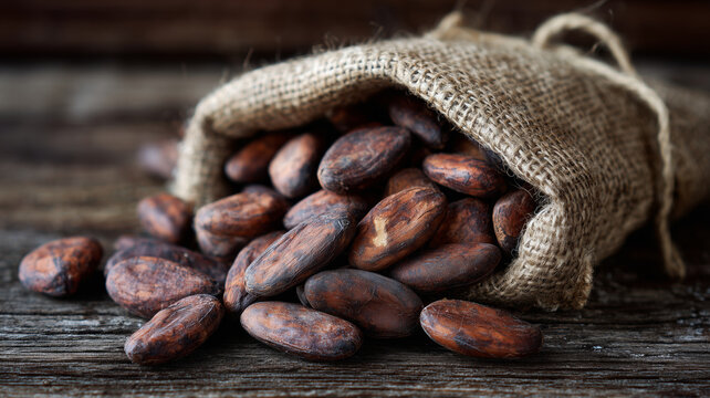 Cocoa beans in burlap sack