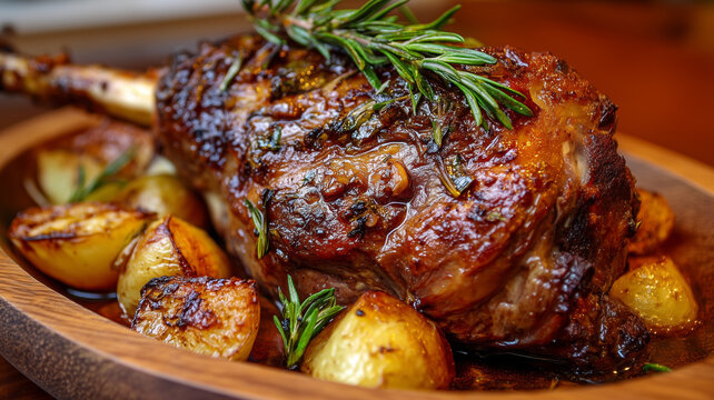 Baked lamb leg with herbs and potatoes