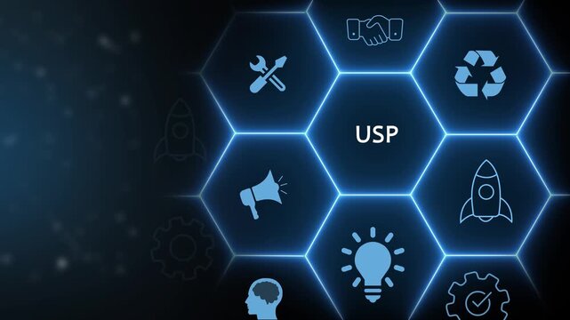 USP concept with interconnected hexagonal nodes and business icons on a dark background unique selling proposition