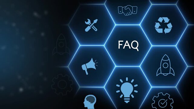Digital Network of Hexagons with FAQ Central and Business Icons on Dark Background technology connection