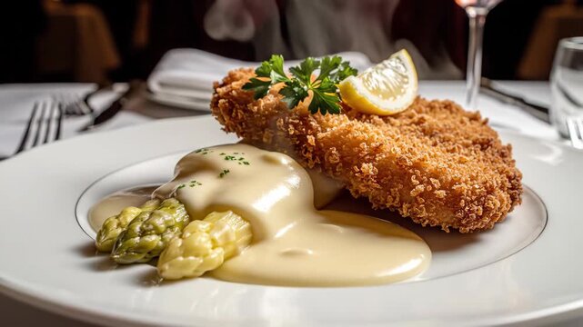 Breaded cutlet with asparagus
