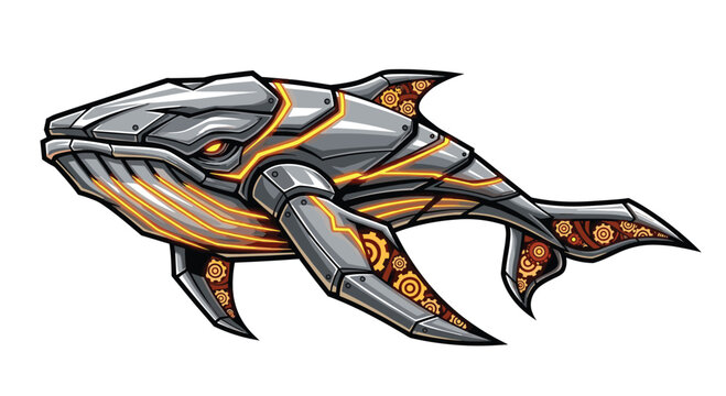 Elegant steampunk whale illustration, showcasing a metallic, mechanical marine creature with intricate gears, pipes, and glowing orange details.