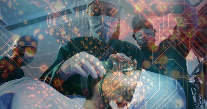 Emergency, lead doc placing mask, squeezing BVM, crew securing airway, tech overlay superimposing