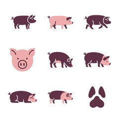Obraz premium Pink and Dark Brown Pig Vector Icons Set. Flat Design Farm Animal Illustrations in Various Poses and a Hoof Print.