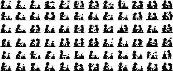 Children playing with sandcastle silhouettes collection featuring kids building sand castles, beach play activities, summer childhood fun scenes isolated black silhouette icon set