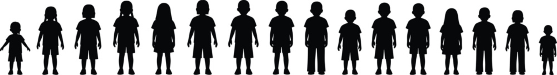 Children silhouettes collection showing boys and girls standing in different ages and heights, kids group figures isolated on white background for education, family concept © Jahanara