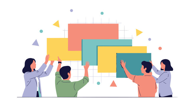 Vector illustration of people building with colorful blocks