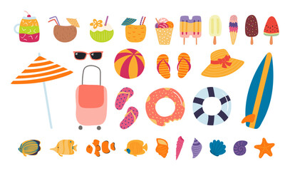 Fototapeta premium Beach, summer holidays, tropical resort illustration isolated set. Ice cream, drink, pool float, surfboard, umbrella, fish, seashell. Flat design element, clip art collection hand drawn vector