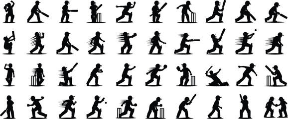 "Dynamic cricket silhouettes collection featuring batsmen, bowlers, fielders, and wicketkeepers in action poses, perfect for sports design, teamwork concepts, and athletic illustration projects"