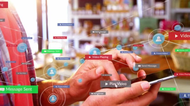 Shopper tapping phone at retail counter activating play icons and sending message badges over frame