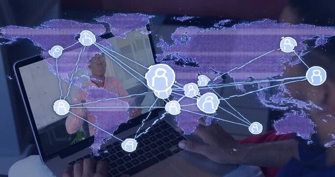 Vertical video: Call starting laptop showing speaker in pink shirt, hands animating map for meeting
