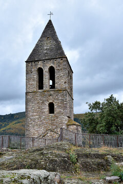 Olargues medieval village, France, bell tower close-up