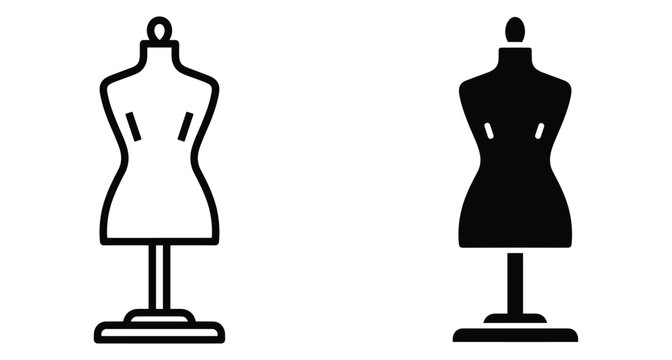 Tailor mannequin icon set featuring outline and solid black dressmaker dummy symbols for fashion design sewing and garment industry