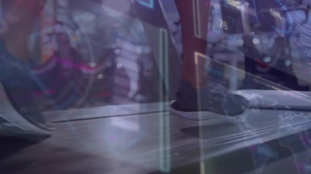 Woman stepping on moving treadmill belt, alternating heel or toe-off for cardio, displays over feet