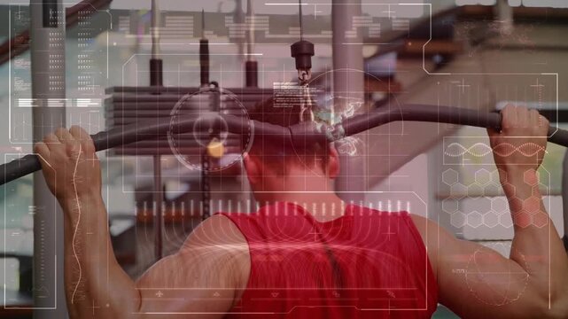 Vertical video: Starting, male in red tank pulling lat bar with cable at gym for strength with HUD