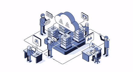 Fototapeta premium Business team working with cloud technology, data servers, and network connections, illustrating modern IT infrastructure and digital solutions.