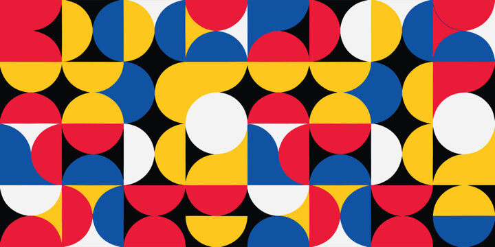 Geometric modular pattern with circle segments in primary colors of red yellow and blue on black background inspired by bauhaus design and minimalist swiss aesthetics