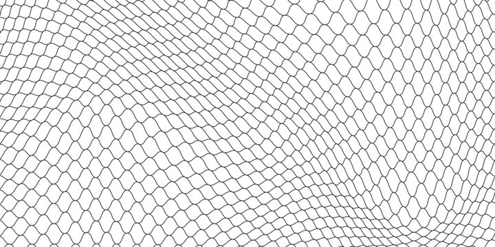 Fishing or soccer net. Repeated hexagon pattern. Black wired mesh texture isolated on white background. Metallic or fabric fence, cage or lattice structure. Vector graphic Illustration.