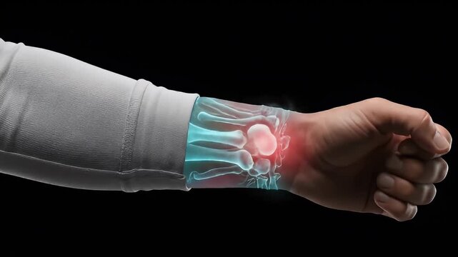 Wrist showing x-ray skeleton with red pain spot on black background