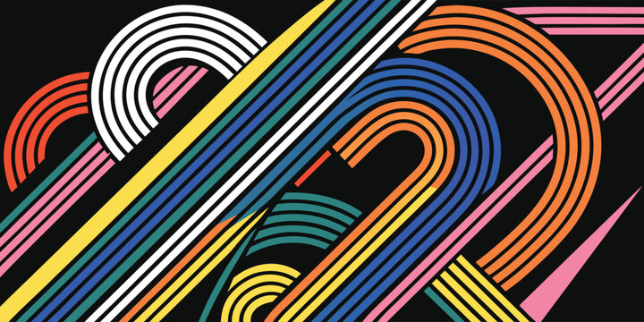 Colorful abstract composition of curved and straight lines in rainbow colors yellow, orange, blue, green, pink on black.