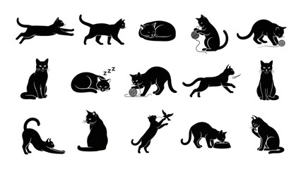 Obraz premium Cat Activities Black Silhouette Icon Set – Sitting Walking Sleeping Playing Jumping Vector Icons