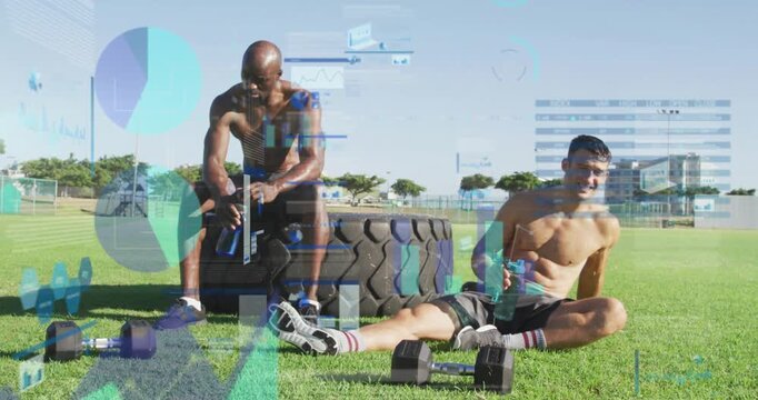 Two men pausing after fitness session, reaching bottles and hydrating as HUD overlaying dumbbells