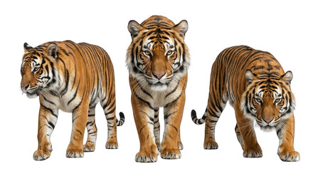 Obraz premium Three Majestic Tigers Walking Towards Camera on White Background