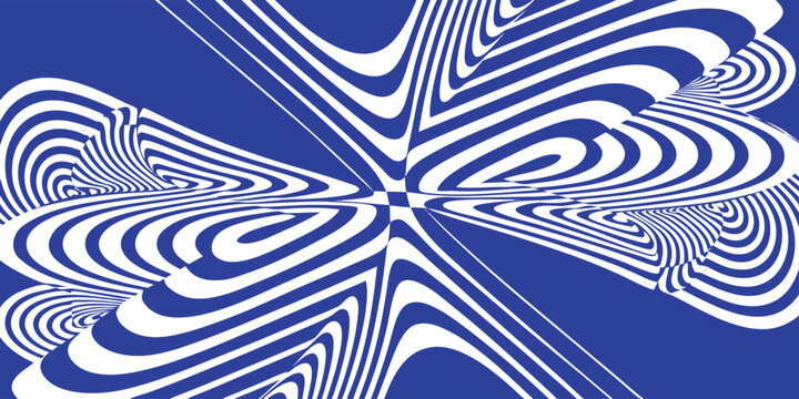 Optical illusion pattern with swirling white stripes on a deep blue background creating hypnotic visual distortion effect