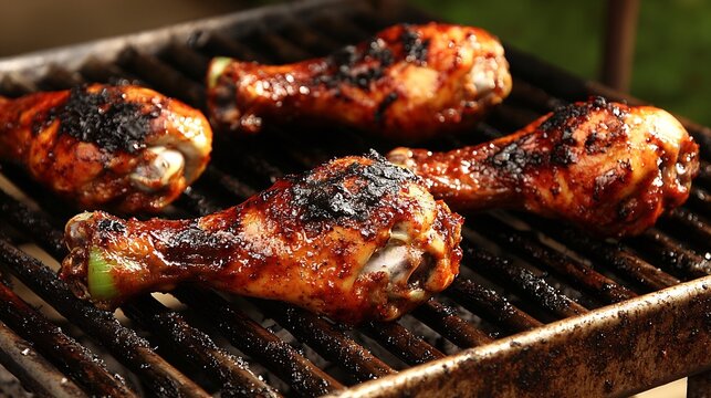 Grilled Jerk Chicken Legs with Charred Marks on Metal Grill, Flavorful Caribbean Cuisine