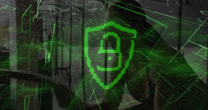 Green digital overlay is animating over gym racks near windows, changing shield numerals to padlock