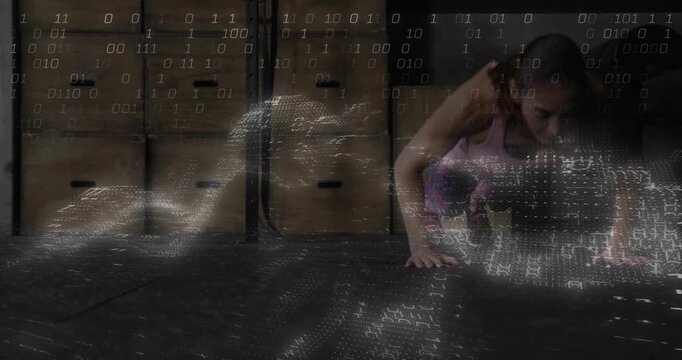 Woman bending and placing hands, starting pushup for fitness with binary wave across floor and body