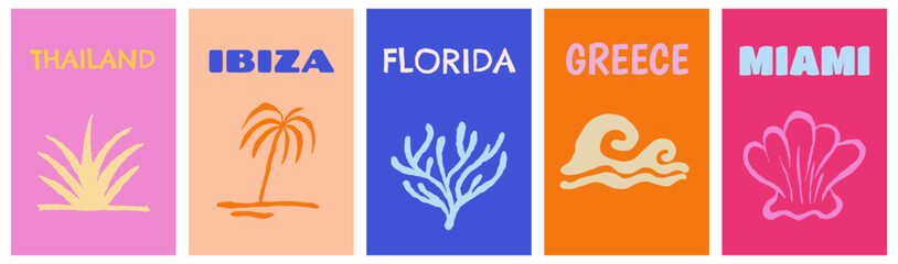 Naklejka premium Vector set of cover design templates for travel vacation summer books, summer and sirf banners with hand drawn sketchy doodle illustrations in simple style