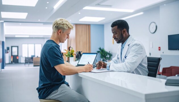 Doctor and patient engage in digital form signing at a modern medical reception desk, representing streamlined healthcare processes and patient consent.
