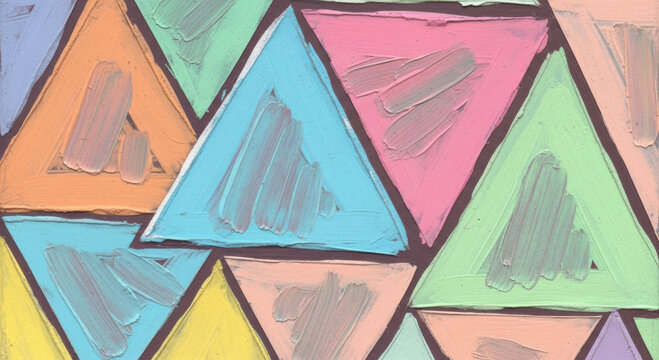 Colorful triangles painted with thick, visible brushstrokes create an abstract geometric background pattern.
