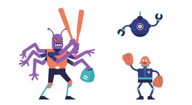Aggressive Alien Batter with Multiple Arms and Bats Confronting Robot Player in Cosmic Baseball Game