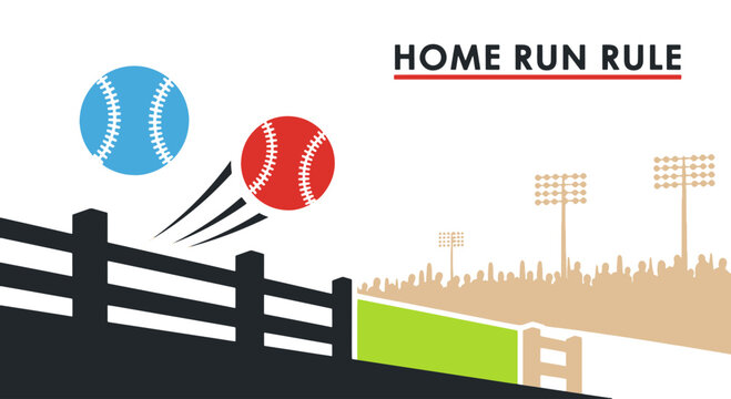Baseball Home Run Rule Concept with Two Balls Flying over Stadium Outfield Fence and Crowd Lights