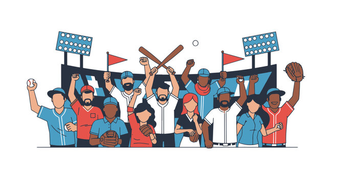 Diverse Baseball Fans Cheering in a Stadium Holding Bats Balls and Gloves for Game Day