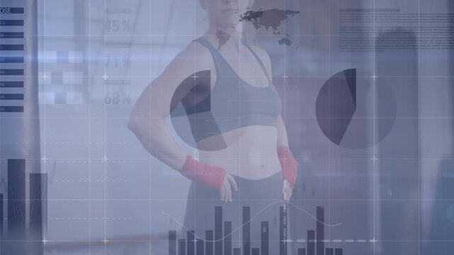 Fitness athlete entering walking placing hands on hips activating analytics torso UI for testing