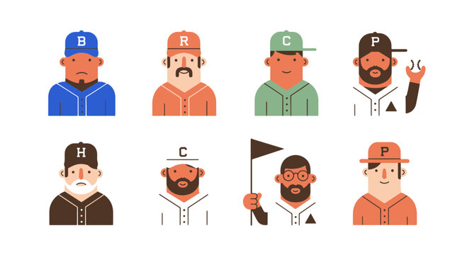 Diverse Group of Baseball Player Avatars Depicting Various Roles and Expressions in a Flat Style