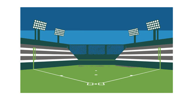 Empty Baseball Stadium with Bright Floodlights Illuminating Green Field and Stands at Night