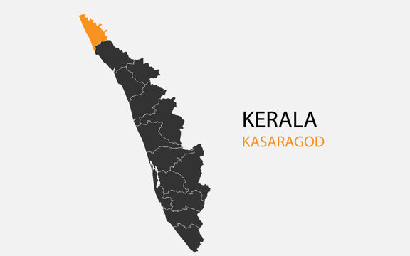 Kerala png map with districts, Indian state Kerala with Kasaragod district map, Kerala Kasaragod