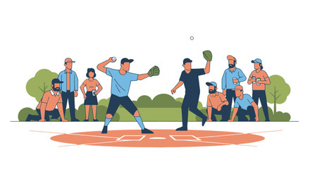 Fototapeta premium People Playing Baseball at an Outdoor Park with a Pitcher Throwing to a Catcher and Spectators Watching