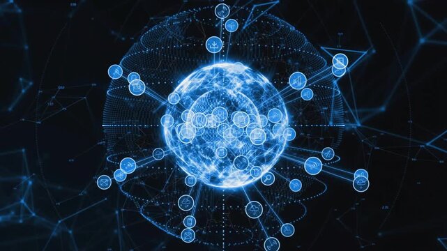 Central digital globe pulsing, emitting nodes connecting outward, forming orbital network