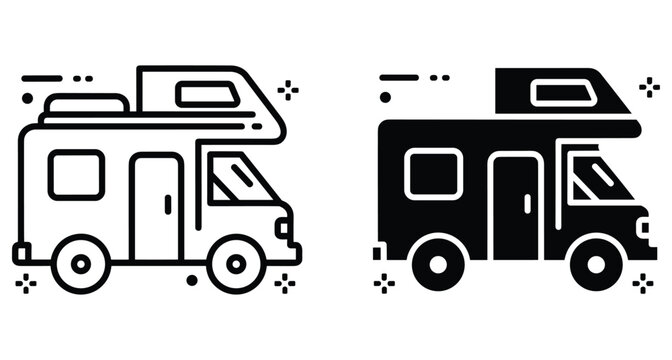 Camper van icon set for travel and camping road trip adventure recreational vehicle motorhome transport outline and solid black style