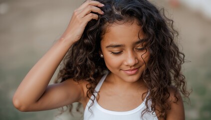 Combing dark curly hair, teen female wearing white tank top in grassy field, with stud earrings