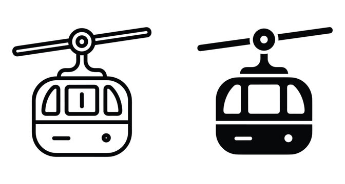 Cable car gondola lift icons in line and solid styles for mountain transportation travel tourism ski resort and urban transit web design app interface