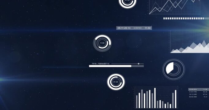 Timeline advancing, tech HUD cluster sliding right, animating charts and gauges for designers