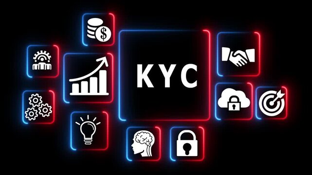 K y c know your customer concept with finance security and verification in neon style