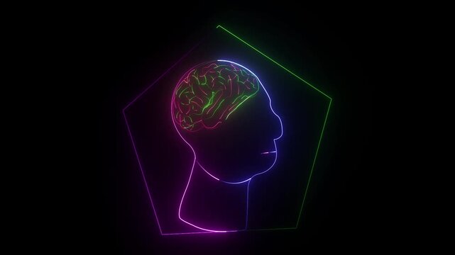 Neon Human Head Silhouette with Glowing Brain and Pentagonal Frame
